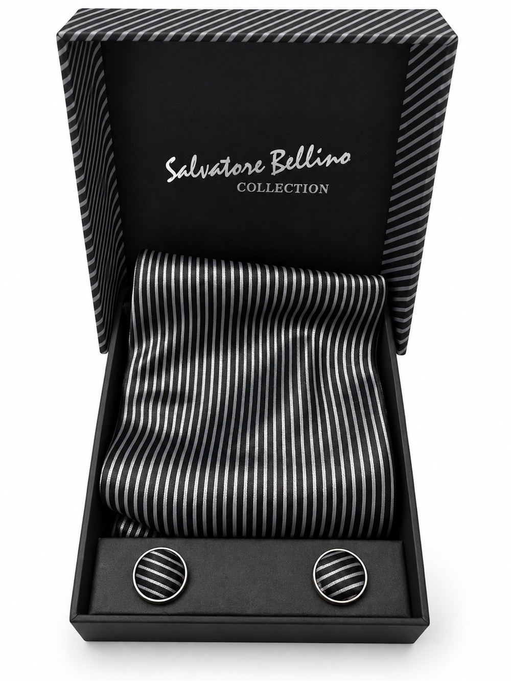 Salvatore Bellino Black & Silver Striped Pocket Square with Matching Cufflinks